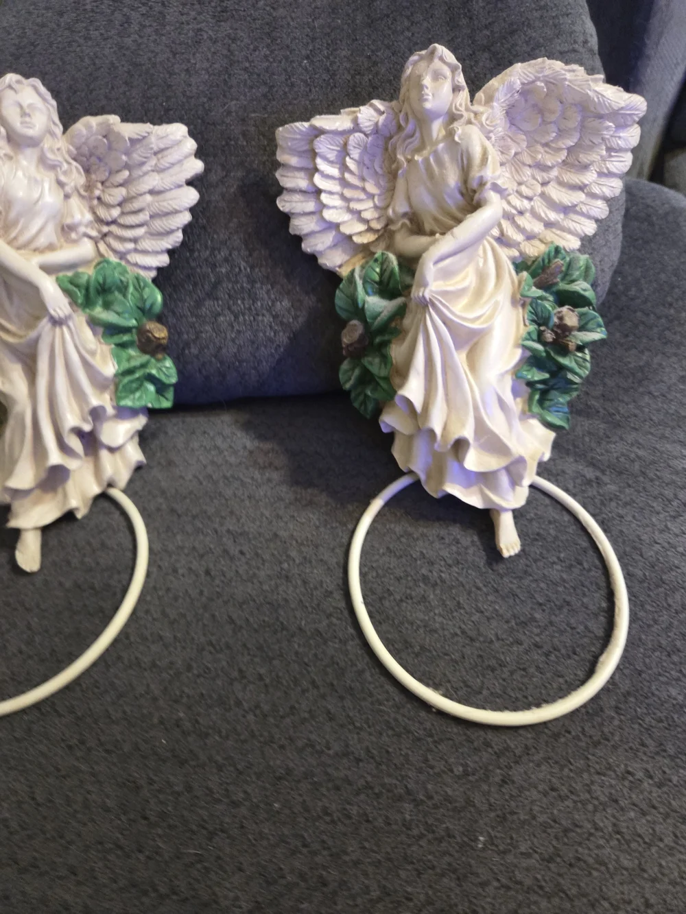 Pair of Cream Angel Wall Hangings with Green Floral Accents Towel Hangers